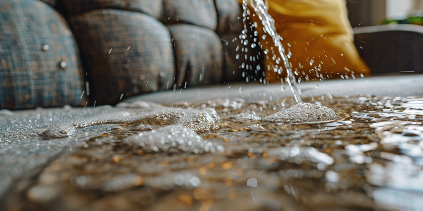 Ręka amatora wylewająca zbyt dużo wody na kanapę podczas samodzielnego prania tapicerki, widoczne zacieki i zalana tkanina